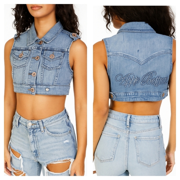 Apple Bottom Sleeveless Cropped Medium-Wash Denim Vest Size Medium - Picture 1 of 10